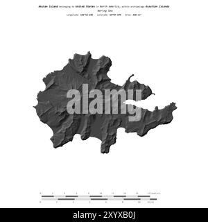 Akutan Island in der Beringsee, die zu den Vereinigten Staaten gehört, isoliert auf einer zweistufigen Höhenkarte mit Entfernungsskala Stockfoto