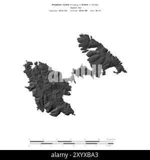 Die Insel Astypalea in der Ägäis gehört zu Griechenland, isoliert auf einer zweistufigen Höhenkarte mit Entfernungsskala Stockfoto