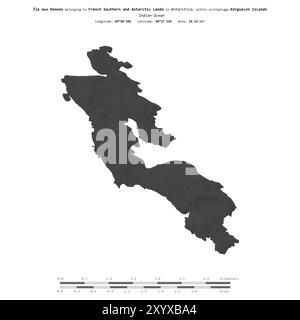 Ile aux Rennes im Indischen Ozean, das zu französischen südlichen und antarktischen Ländern gehört, isoliert auf einer zweistufigen Höhenkarte mit Entfernungsskala Stockfoto