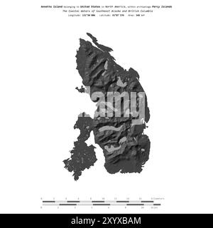 Annette Island in den Küstengewässern von Südost-Alaska und British Columbia, die zu den Vereinigten Staaten gehören, isoliert auf einer zweistufigen Höhenkarte, wi Stockfoto