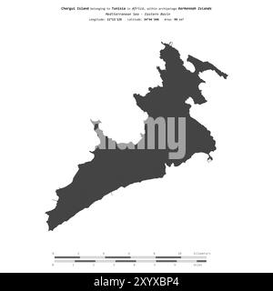 Chergui-Insel im Mittelmeer - Ostbecken, zu Tunesien gehört, isoliert auf einer zweistufigen Höhenkarte, mit Entfernungsskala Stockfoto