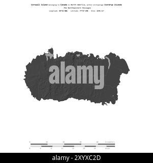 Cornwall Island in den nordwestlichen Passagen, die zu Kanada gehören, isoliert auf einer zweistufigen Höhenkarte mit Entfernungsskala Stockfoto