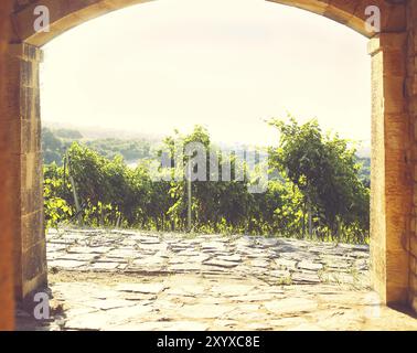 Blick auf Weingut auf den Hügeln von alten Stein Veranda Stockfoto