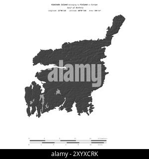 Kimitoon Island im Bottnischen Golf, zu Finnland gehört, isoliert auf einer zweistufigen Höhenkarte, mit Entfernungsskala Stockfoto
