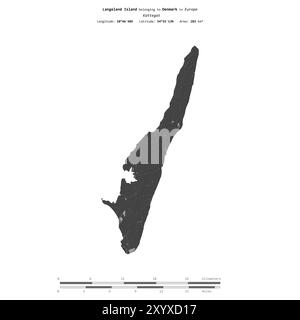 Langeland Island im Kattegat, zu Dänemark gehört, isoliert auf einer zweistufigen Höhenkarte mit Entfernungsskala Stockfoto