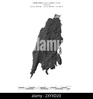 Die Insel Lefkada im Ionischen Meer gehört zu Griechenland, isoliert auf einer zweistufigen Höhenkarte mit Entfernungsskala Stockfoto