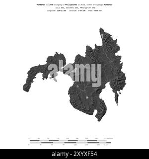 Mindanao Island in der Sulu-See, die zu den Philippinen gehört, isoliert auf einer zweistufigen Höhenkarte mit Entfernungsskala Stockfoto