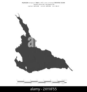 Miyakojima in der Philippinischen See, gehört zu Japan, isoliert auf einer zweistufigen Höhenkarte, mit Entfernungsskala Stockfoto