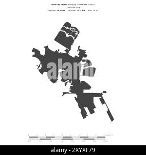 Muharraq Island im Persischen Golf, zu Bahrain gehört, isoliert auf einer zweistufigen Höhenkarte mit Entfernungsskala Stockfoto