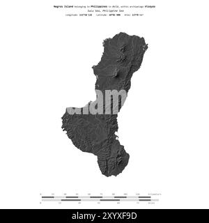 Negros Island in der Sulu-See, die zu den Philippinen gehört, isoliert auf einer zweistufigen Höhenkarte mit Entfernungsskala Stockfoto