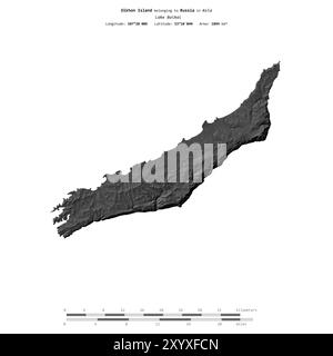 Olchon Island im Baikalsee, zu Russland gehört, isoliert auf einer zweistufigen Höhenkarte, mit Entfernungsskala Stockfoto