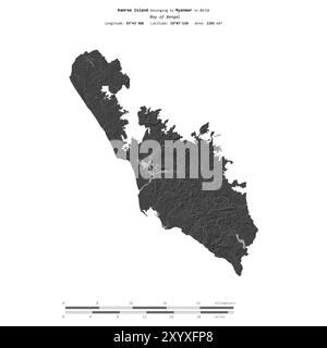 Ramree Island in der Bucht von Bengalen, gehört zu Myanmar, isoliert auf einer zweistufigen Höhenkarte, mit Entfernungsskala Stockfoto