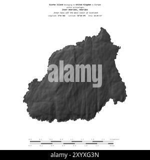 Scarba Island in den Inneren Meeren vor der Westküste Schottlands, die zum Vereinigten Königreich gehört, isoliert auf einer zweistufigen Höhenkarte mit Entfernungsskala Stockfoto