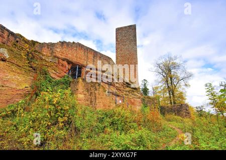 Schloss Scharfenberg im Herbst im Pfälzerwald, Schloss Scharfenberg im Pfälzerwald im Herbst, Deutschland, Europa Stockfoto