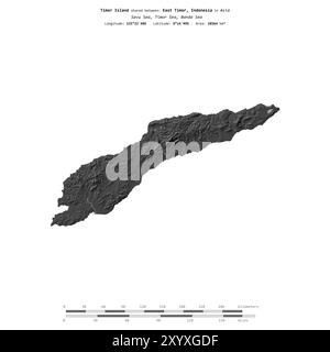 Timor Island in der Savu Sea, geteilt zwischen: Osttimor, Indonesien, isoliert auf einer zweistufigen Höhenkarte, mit Entfernungsskala Stockfoto