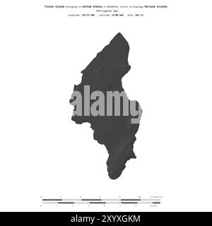 Tinian Island in der Philippinischen See, die zu den Vereinigten Staaten gehört, isoliert auf einer zweistufigen Höhenkarte mit Entfernungsskala Stockfoto