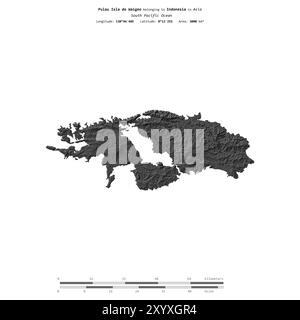 Pulau Isla de Waigeo im Südpazifik, das zu Indonesien gehört, isoliert auf einer zweistufigen Höhenkarte mit Entfernungsskala Stockfoto