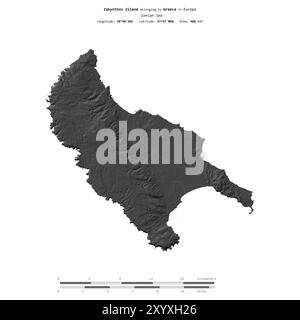 Die Insel Zakynthos im Ionischen Meer gehört zu Griechenland, isoliert auf einer zweistufigen Höhenkarte mit Entfernungsskala Stockfoto