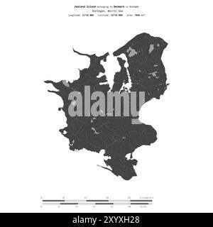 Neuseeland Insel im Kattegat, zu Dänemark gehört, isoliert auf einer zweistufigen Höhenkarte, mit Entfernungsskala Stockfoto