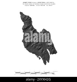 Wrangell Island in den Küstengewässern von Südost-Alaska und British Columbia, die zu den Vereinigten Staaten gehören, isoliert auf einer zweistufigen Höhenkarte, W Stockfoto