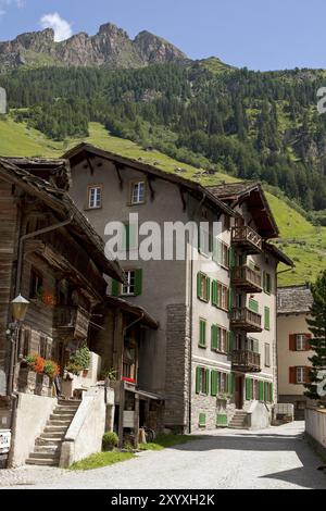 Schweizer Häuser vor einem Bergpanorama Stockfoto