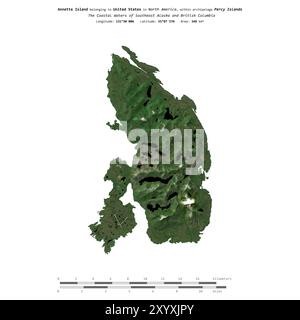 Annette Island in den Küstengewässern von Südost-Alaska und British Columbia, die zu den Vereinigten Staaten gehören, isoliert auf einem Satellitenbild, das aufgenommen wurde Stockfoto