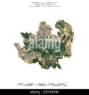 Pulau Batam im Südchinesischen Meer, das zu Indonesien gehört, isoliert auf einem Satellitenbild, das am 9. Mai 2024 mit Entfernungsskala aufgenommen wurde Stockfoto