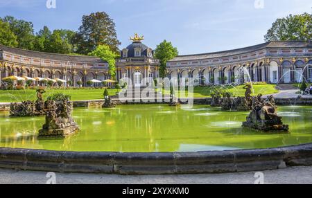 Obere Grotte mit Wasserspielen vor dem Neuen Schloss mit Sonnentempel im Schlosspark Eremitage, Bayreuth, Oberfranken, Franken, Stockfoto