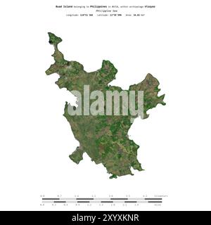 Buad Island in der Philippinischen See, die zu den Philippinen gehört, isoliert auf einem Satellitenbild, das am 7. Mai 2018 mit Entfernungsskala aufgenommen wurde Stockfoto