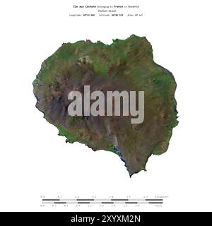 Ile aux Cochons im Indischen Ozean, Frankreich, isoliert auf einem Satellitenbild, das am 17. Februar 2024 mit Entfernungsskala aufgenommen wurde Stockfoto