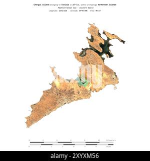 Chergui-Insel im Mittelmeer - Ostbecken, zu Tunesien gehört, isoliert auf einem Satellitenbild, das am 11. Dezember 2023 aufgenommen wurde, mit Entfernung Stockfoto