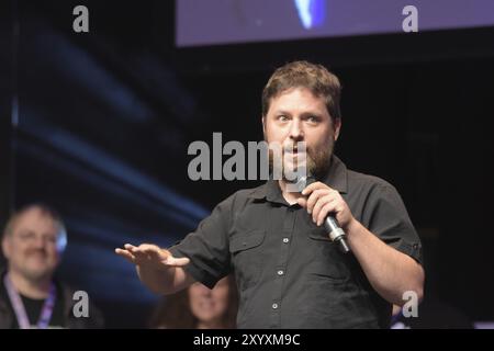 Bonn, Deutschland. Oktober 2017. Alex Vincent (* 1981), US-amerikanischer Schauspieler, The Curse of Chucky, trat bei der Eröffnungszeremonie von FearCon, einem Horror-fa, auf die Bühne Stockfoto