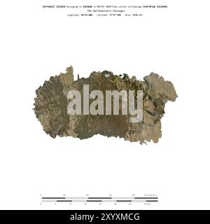 Cornwall Island im Nordwesten Kanadas, isoliert auf einem Satellitenbild, das am 13. Februar 2013 mit Entfernungsskala aufgenommen wurde Stockfoto