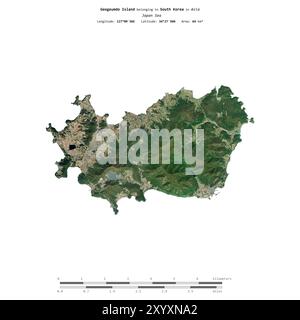 Geogeumdo-Insel im Japanischen Meer, die zu Südkorea gehört, isoliert auf einem Satellitenbild, das am 29. September 2023 mit Entfernungsskala aufgenommen wurde Stockfoto