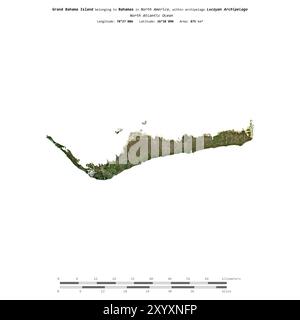 Die Insel Grand Bahama im Nordatlantik, die zu den Bahamas gehört, wurde auf einem Satellitenbild vom 20. März 2024 mit Entfernungsskala isoliert Stockfoto