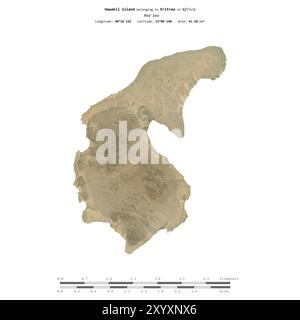 Hawakil Island im Roten Meer, zu Eritrea gehört, isoliert auf einem Satellitenbild, das am 28. Mai 2023 mit Entfernungsskala aufgenommen wurde Stockfoto