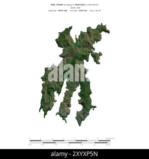 Hook Island in der Korallensee, zu Australien gehört, isoliert auf einem Satellitenbild, das am 3. September 2019 mit Entfernungsskala aufgenommen wurde Stockfoto