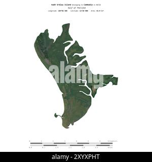 Kaoh Sralau Island im Golf von Thailand, gehört zu Kambodscha, isoliert auf einem Satellitenbild, das am 12. Februar 2021 mit Entfernungsskala aufgenommen wurde Stockfoto