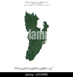 Die Insel Katan Kyun in der Andamanensee, die zu Myanmar gehört, wurde auf einem Satellitenbild vom 20. Dezember 2023 mit Entfernungsskala isoliert Stockfoto