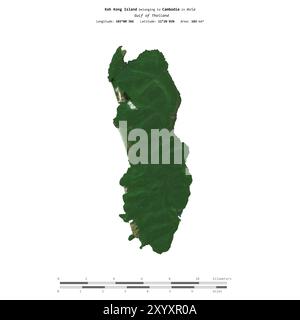 Die Insel Koh Kong im Golf von Thailand, die zu Kambodscha gehört, wurde auf einem Satellitenbild vom 19. Dezember 2023 mit Entfernungsskala isoliert Stockfoto