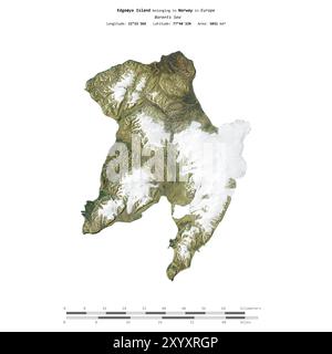 Die Insel Edgeya in der Barentssee, die zu Norwegen gehört, wurde auf einem Satellitenbild vom 27. Juli 2019 mit Entfernungsskala isoliert Stockfoto