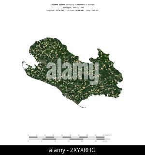 Die Insel Lolland im Kattegat, das zu Dänemark gehört, wurde auf einem Satellitenbild vom 8. Juni 2021 mit Entfernungsskala isoliert Stockfoto