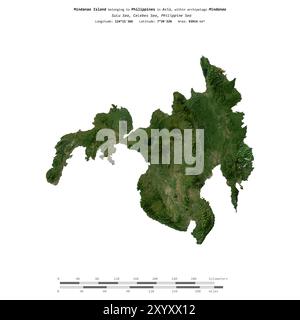 Mindanao Island in der Sulu-See, die zu den Philippinen gehört, isoliert auf einem Satellitenbild, das am 7. Januar 2016 mit Entfernungsskala aufgenommen wurde Stockfoto