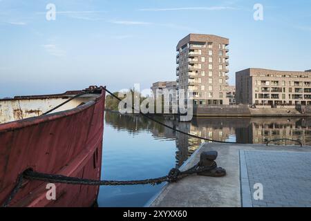 Blick auf die hölzerne Halbinsel in Rostock Stockfoto