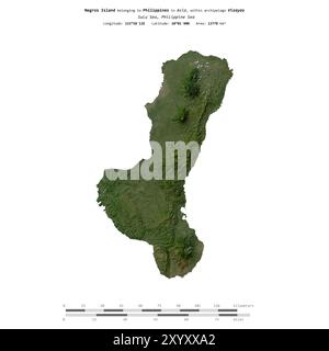 Negros Island in der Sulu-See, die zu den Philippinen gehört, isoliert auf einem Satellitenbild, das am 27. November 2021 mit Entfernungsskala aufgenommen wurde Stockfoto