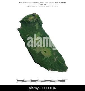 Die Insel Nguna in der Korallensee, gehört zu Vanuatu, isoliert auf einem Satellitenbild, das am 26. Dezember 2023 mit Entfernungsskala aufgenommen wurde Stockfoto