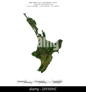 Nordinsel in der Tasmansee, die zu Neuseeland gehört, isoliert auf einem Satellitenbild, das am 5. Juli 2016 mit Entfernungsskala aufgenommen wurde Stockfoto