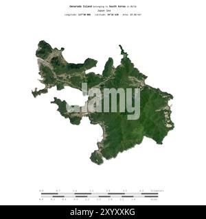 Die Insel Oenarodo im Japanischen Meer, die zu Südkorea gehört, wurde auf einem Satellitenbild vom 6. September 2023 mit Entfernungsskala isoliert Stockfoto