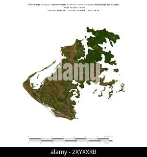 Ilha Orango im Nordatlantik, das zu Guinea-Bissau gehört, wurde auf einem Satellitenbild vom 30. Dezember 2023 mit Entfernungsskala isoliert Stockfoto
