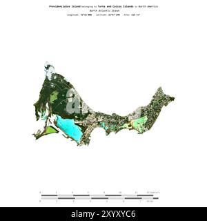 Providenciales Island im Nordatlantik, die zu den Turks- und Caicosinseln gehört, isoliert auf einem Satellitenbild, das am 27. Dezember 2023 in wi aufgenommen wurde Stockfoto